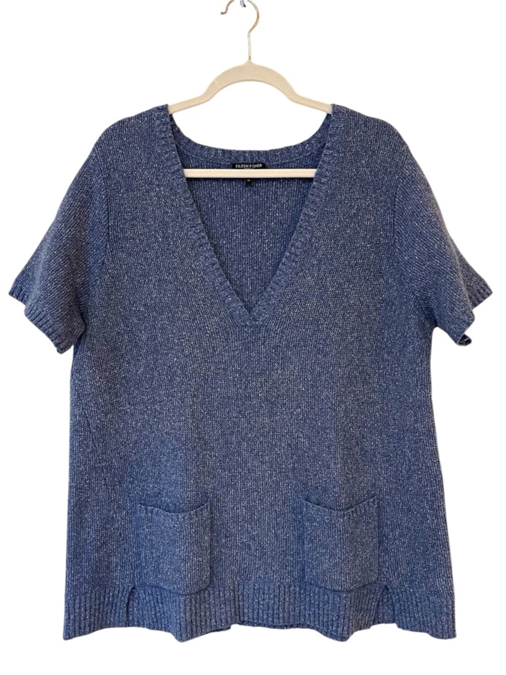 Eileen Fisher Silk and Wool Tunic Sweater Short Sleeve V-Neck Blue Knit Size 1X